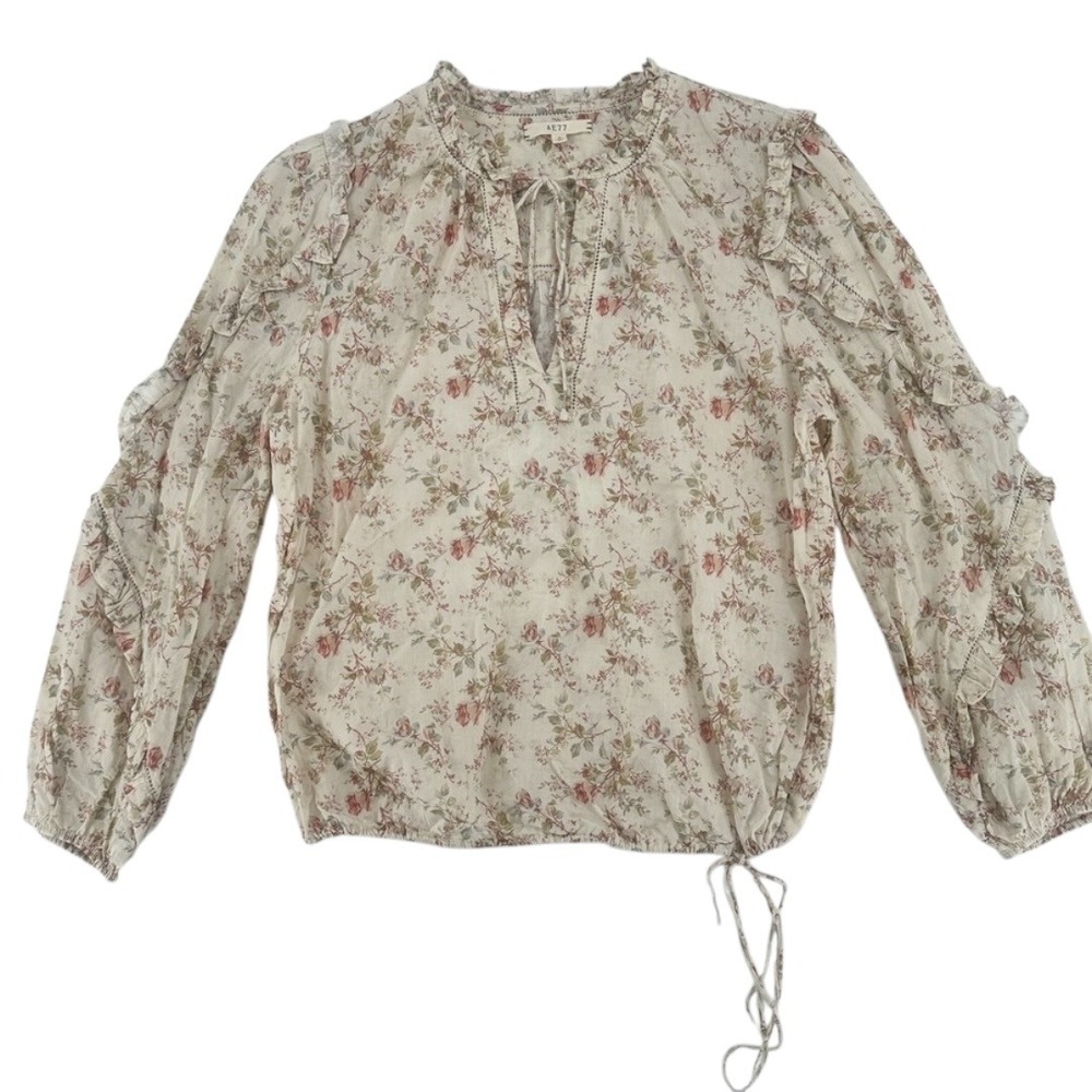 AE77 Floral Ruffle Peasant Blouse Cream Pink Boho NWOT‎ Small